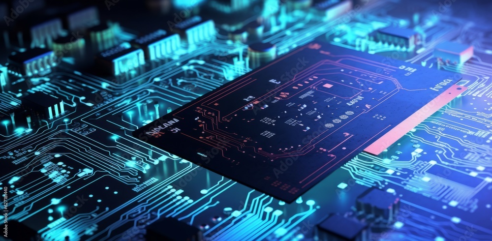 Aufkleber dark electronic circuit board background with various electronics components and copy space, generat