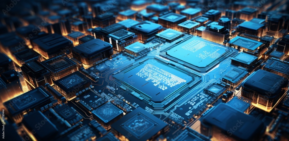 Aufkleber dark electronic circuit board background with various electronics components and copy space, generat