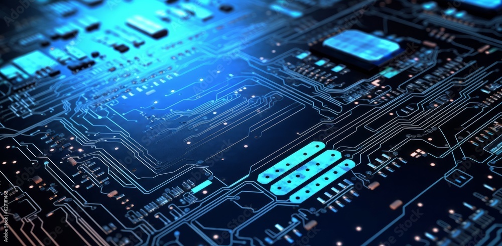 Aufkleber dark electronic circuit board background with various electronics components and copy space, generat