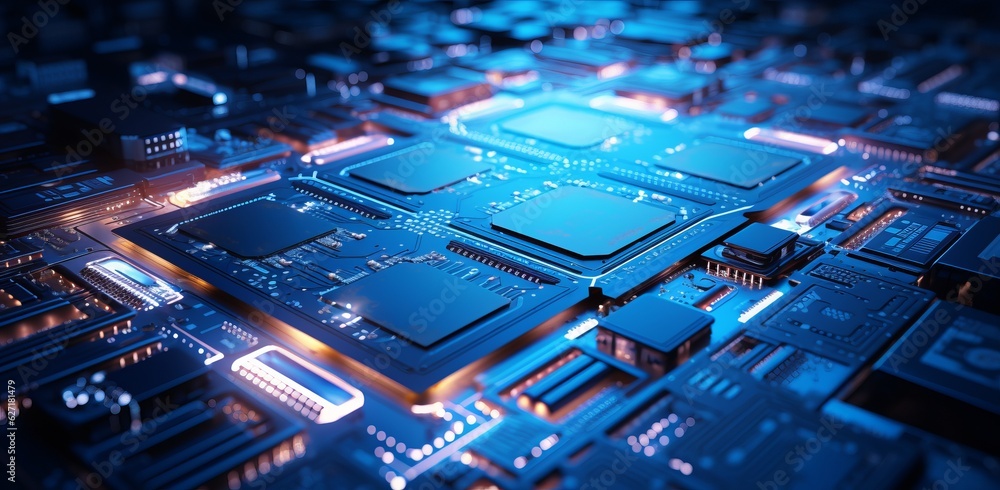 Aufkleber dark electronic circuit board background with various electronics components and copy space, generat