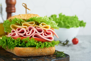 Sandwich. Tasty sandwich with ham or bacon, cheese, tomatoes, lettuce and grain bread. Delicious club sandwich or school lunch, breakfast or snack.