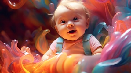 Fototapeta na wymiar Adorable baby on abstract colorful background. Generative AI