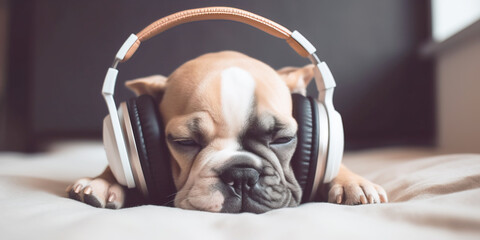 Young puppy listening to music on a head set.