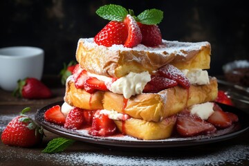 french toast with cream and fresh strawberries - obrazy, fototapety, plakaty