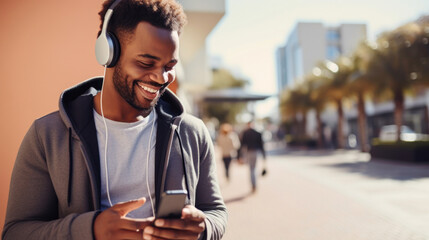 Happy young man holding mobile phone enjoying music listening through wireless headphones on footpath