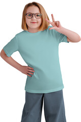 Mockup green t-shirt on girl with glasses, shirt png for kids, front view