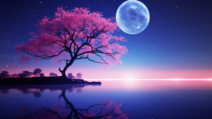 Fototapeta na wymiar A big blue moon shining close on a lake at night, the lake has a tree with awesome pink blooming flowers. Photo real, hyper-realistic, high dynamic range, rich colors, lifelike textures