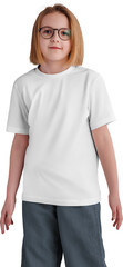 Mockup white t-shirt on a girl with glasses, shirt png for children, front view