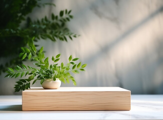 Wooden podium tray or chopping board and a ceramic vase with green plants. Leaf and window shadows on the wall. Generative AI.