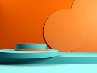Abstract minimalistic contrast scene with geometric shapes. Orange and blue podium for presentation AI