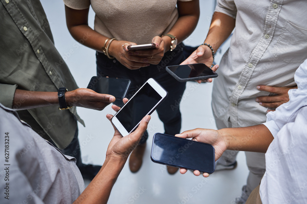 Poster group, blank phone screen and people with mockup on mobile, social network app and website from abov