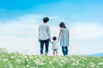 Happy Family in Natural Scenery on Cloudy Morning, Generative AI