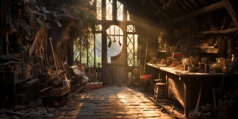 Vintage Workshop A Festive Scene with Golden Gifts, Fir Branches, and Delightful Decorations, Generative AI