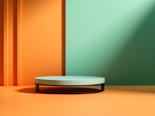 Abstract minimalistic contrast scene with geometric shapes. Orange and blue podium for presentation AI