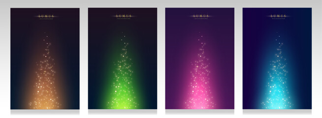 Sparkling cover sets. Elegant collection backgrounds with stars, glows of light and sparkles. Bright luxury brochures, Christmas, glowing and fantastic bokeh  effect. 
