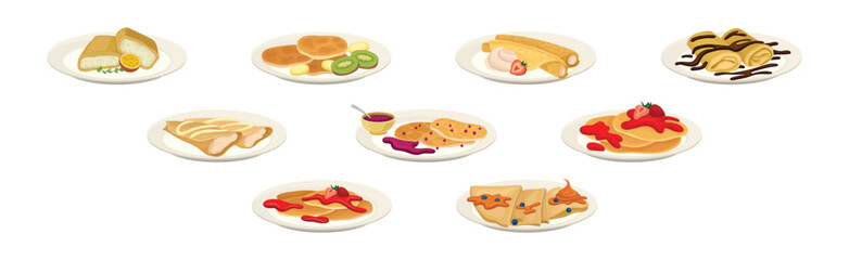 Sweet Crepe or Pancake with Filling and Topping Served on Plate Vector Set