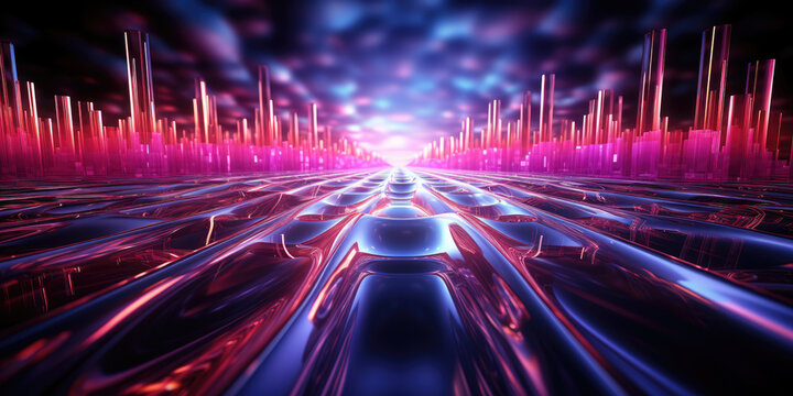 abstract background with pink blue neon lines glowing in ultraviolet light, and bokeh lights. Data transfer concept. Digital futuristic wallpaper generative ai