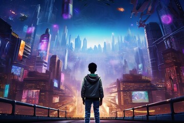 Cyberpunk Neon Wonderland Kid Standing in Front. Generative Ai
