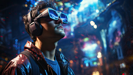 a person wearing augmented reality glasses and interacting with the world, 3d art generative ai