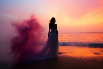 Fototapeta na wymiar Sunset Solitude Young Woman at the Beach. Generative Ai