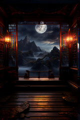 Fototapeta na wymiar window, chinese temple, fashion chinese style, screen, red wooden window, concept art, chinese lanterns, cartoonish, magic light, white window screen, distant sky, mountain peaks, clouds.