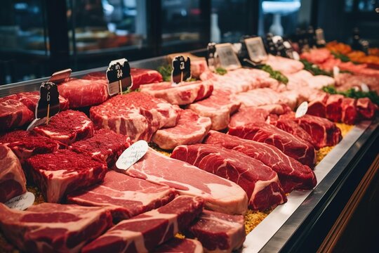 fresh meat display on the market
