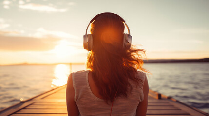 Woman wearing headphones listening to music breathing fresh air relaxing sitting on a bench in winter on the beach