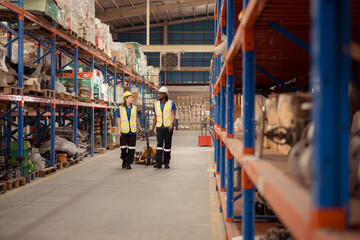 Fototapeta na wymiar Top view of two warehouse workers pushing a pallet truck in a shipping and distribution warehouse.