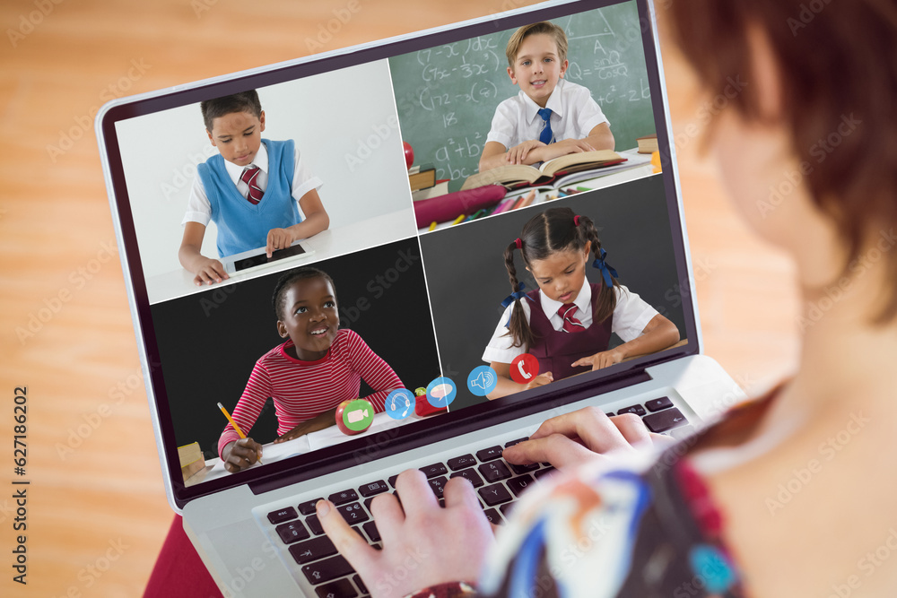 Sticker Rear view of a caucasian girl having a video conference with diverse students on laptop at home