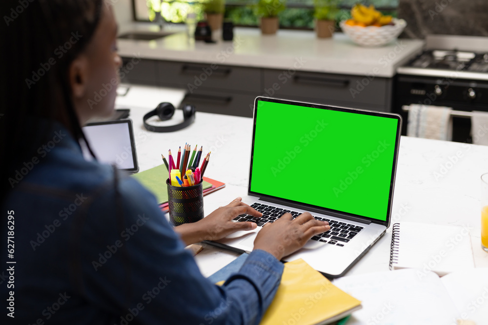 Wall mural Rear view of african american female teacher using a laptop with copy space in the kitchen at home