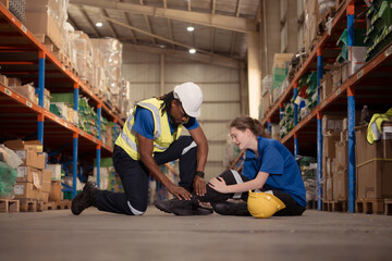 A warehouse worker consoles and helps a female worker who cries out in pain after a leg accident in...