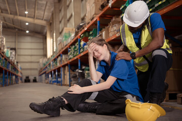 A warehouse worker consoles and helps a female worker who cries out in pain after a leg accident in a large warehouse - obrazy, fototapety, plakaty