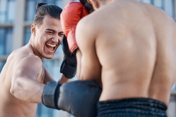 Punch, boxing match or strong man fighting in sports training, body exercise or fist punching with...