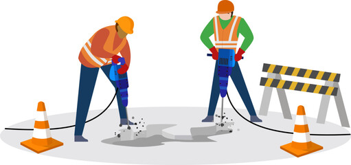 man working with hammer drill vector illustration, Worker In Protective Uniform drilling the concrete, construction concept