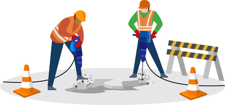 man working with hammer drill vector illustration, Worker In Protective Uniform drilling the concrete, construction concept