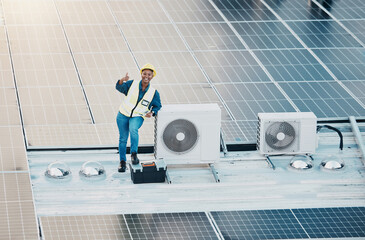 Engineer woman, solar panel and thumbs up with smile for clean power, sustainability or success on...