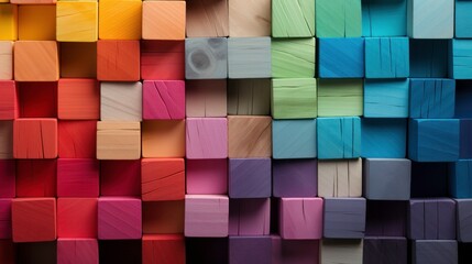 Abstract background of cube blocks wall stacking design for cubic wallpaper background, multi-colored wooden blocks.