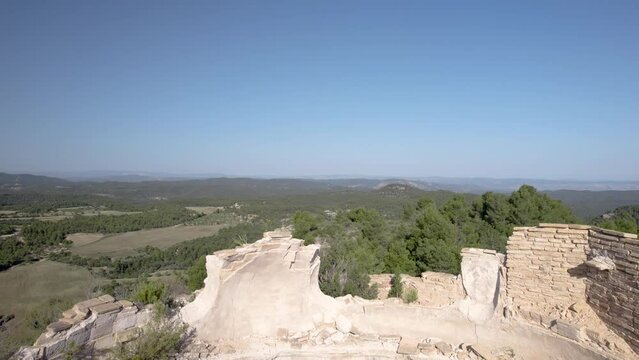 Slow 4K aerial view of the remaining ruins of Santa Barbara dome and Church in Monroyo, Matarrana region, Spain