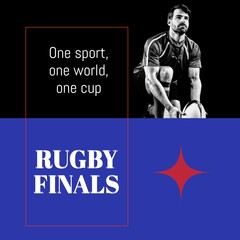 Rugby finals text in white on blue and black with caucasian male rugby player placing ball