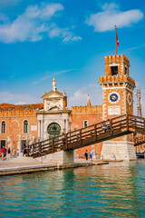 Venice, Italy - Famous Arsenal, military fortress, guard towers at gate and bridge in historical...