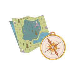 Map, compass. Drawn elements for camping and hiking. Wilderness survival, travel, hiking, outdoor recreation, tourism.