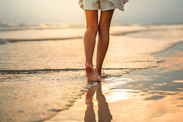 Closeup of woman feet walking on sand beach during a golden hour sunset. Travel and relaxing in...