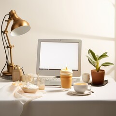 Stylish workspace with modern scene, coffee, tea, drinking, blurred living room background. AI Generative.