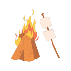 Bonfire, marshmallow on a stick. Drawn elements for camping and hiking.