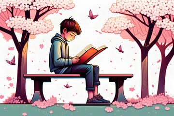 A boy reading leisurely on a bench on a spring day with cherry blossoms
Generative AI