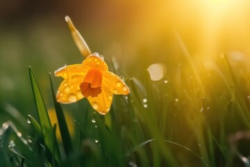 Beautiful daffodil flower in nature in morning outdoors with beautiful sunlight