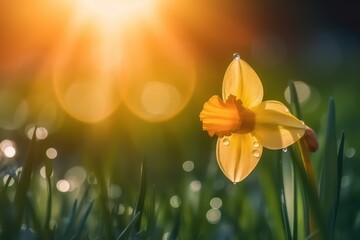 Beautiful daffodil flower in nature in morning outdoors with beautiful sunlight