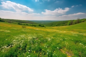 Fototapeta na wymiar Beautiful natural spring summer landscape of a flowering against the blue sky