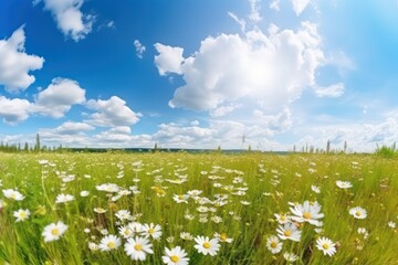 Beautiful sun-drenched spring summer meadow. Natural color blue sky 