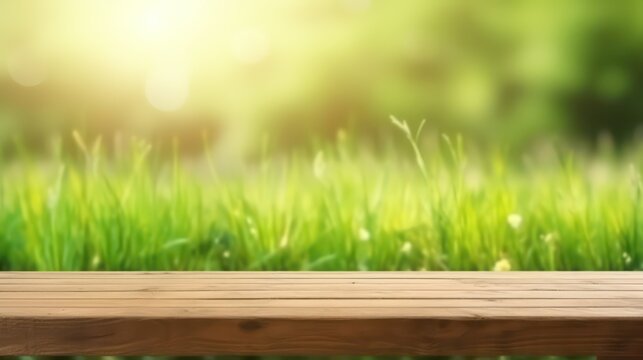 Beautiful spring nature background with green fresh field and wooden floor for presentation